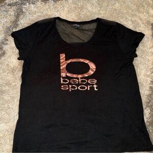 Bebe Sport Black Mesh Top with metallic pink logo